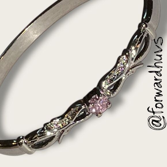 Silver-Plated Hinged Bracelet – Pink Cubic Zirconia - Ornate Center Pattern - Picture 3 of 12